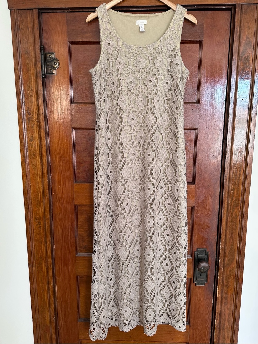 Chico’s Scoop Neck Crochet Maxi Dress Size Large Beige Bohemian Beach Vacation